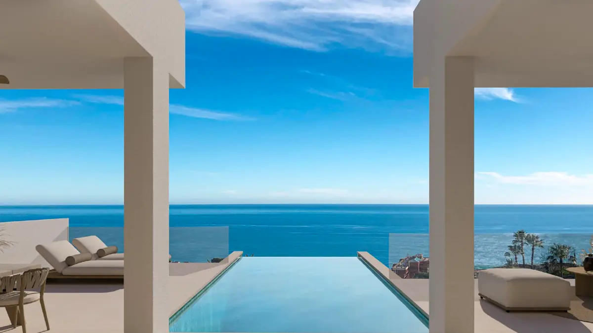 Architectural render of the covered terrace and infinity pool at Villa Horizon, facing the sea